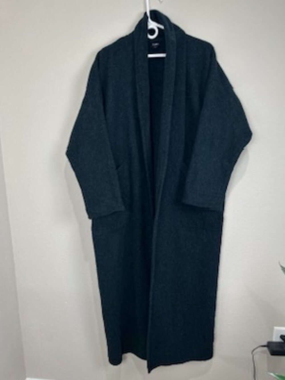 Eileen Fisher Women’s M 100% Wool Long Open Front Coat Dark Charcoal Green